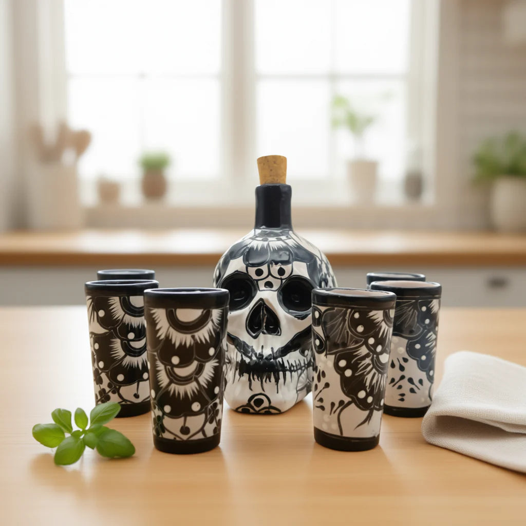 Talavera Skull Decanter with 6 Shot Glasses | Mexican Bar Set
