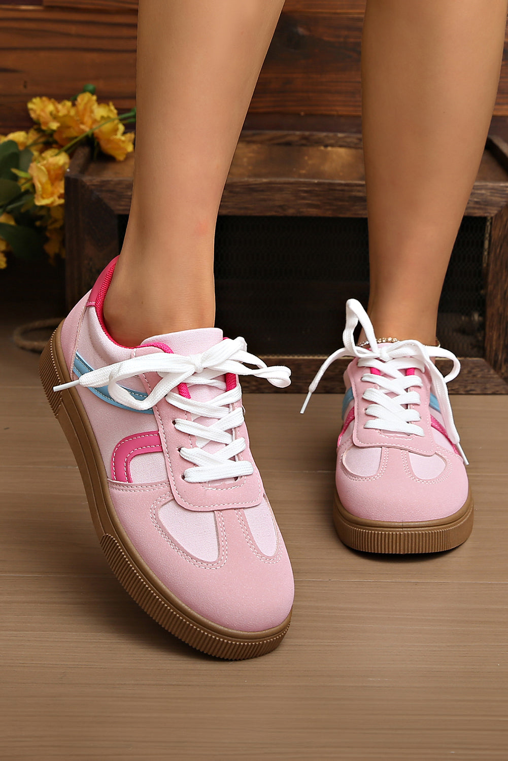 Pink Striped Patchwork Lace Up Sneakers