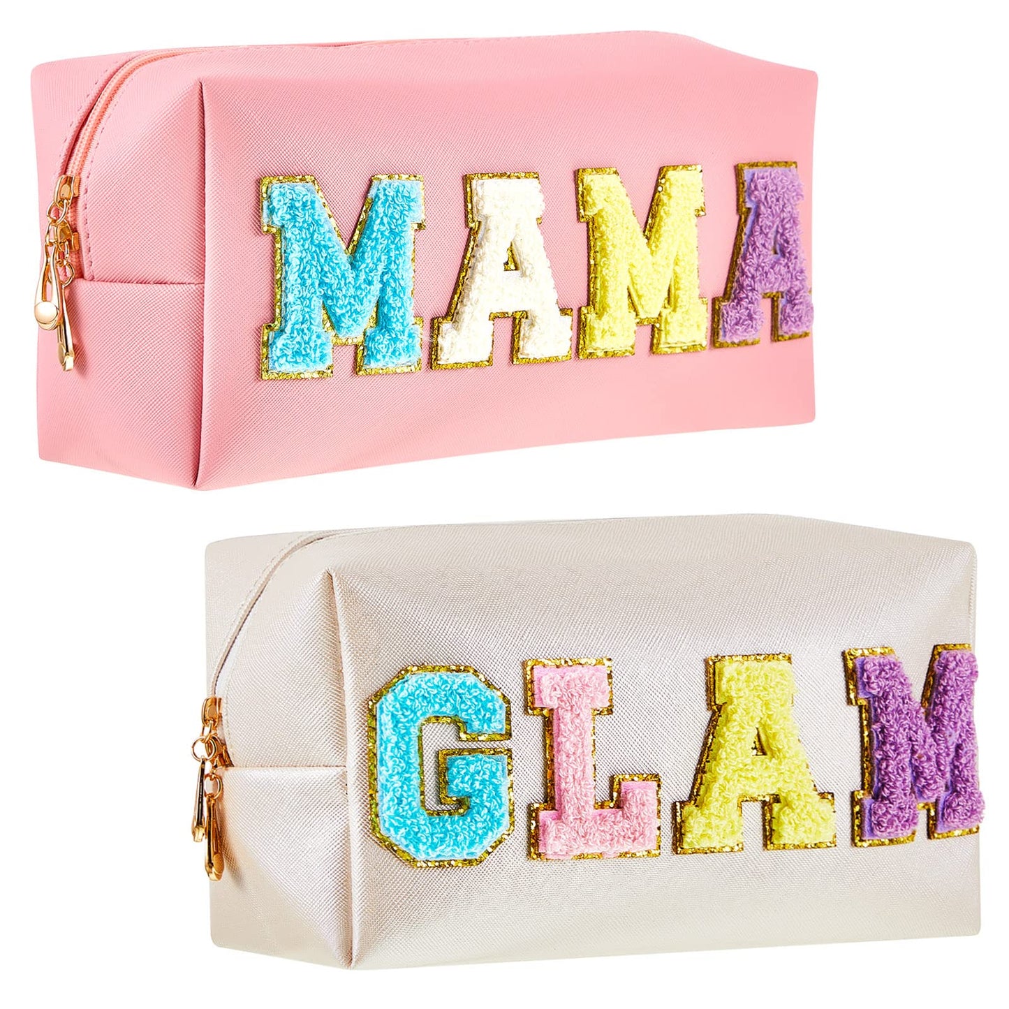 Patelai Preppy Makeup Bags – 2 Piece Chenille Letter Patch Cosmetic Pouch Set