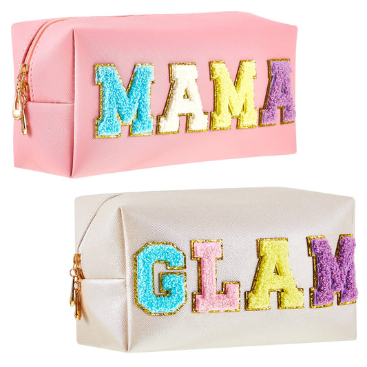 Patelai Preppy Makeup Bags – 2 Piece Chenille Letter Patch Cosmetic Pouch Set