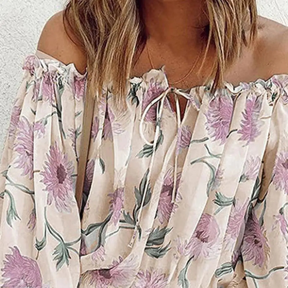 Women's Off-Shoulder Chiffon Print Long Sleeve Top *Multiple Colors