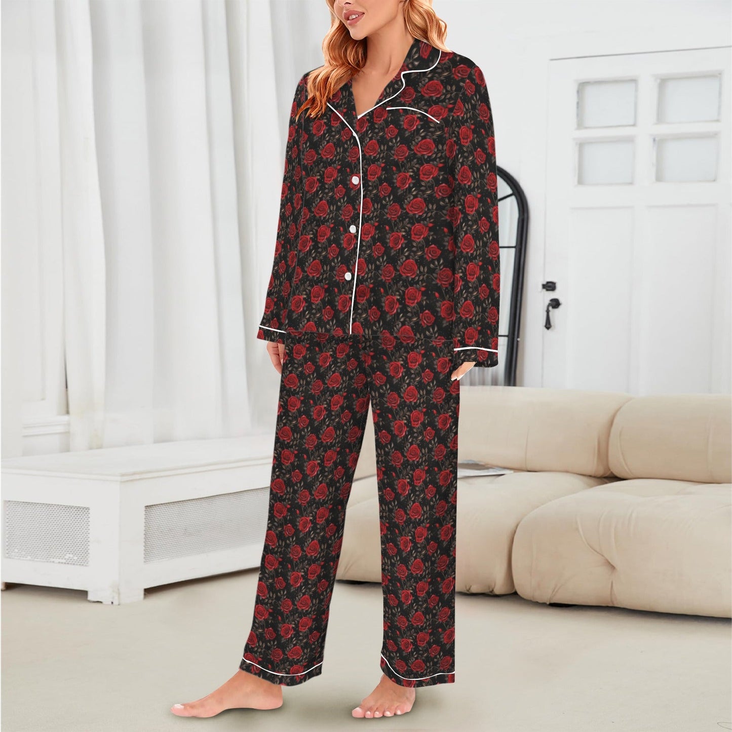 Baha Ranch “Colores De México” Red Roses Satin Pajama Set