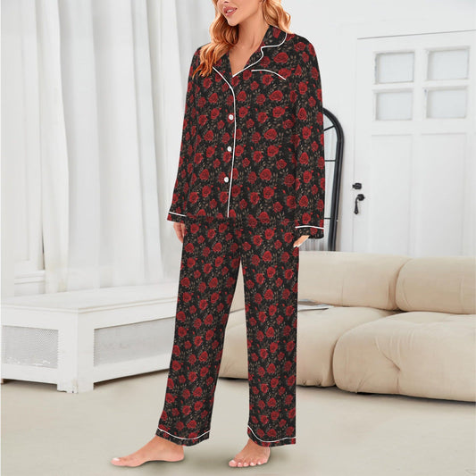 Baha Ranch “Colores De México” Red Roses Satin Pajama Set