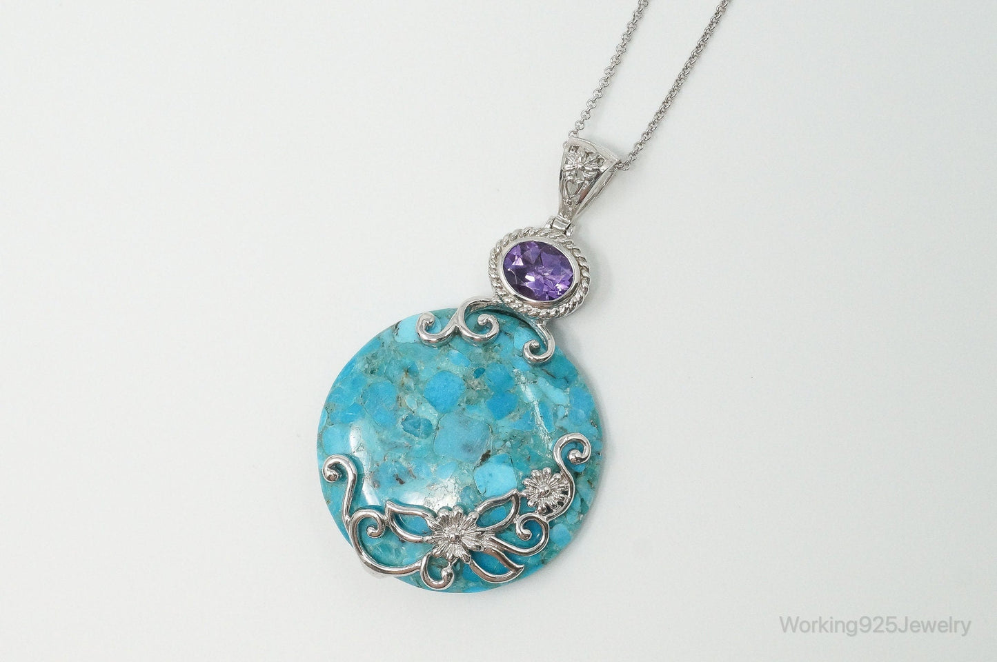 Large Blue Mojave Turquoise Amethyst Sterling Silver Necklace