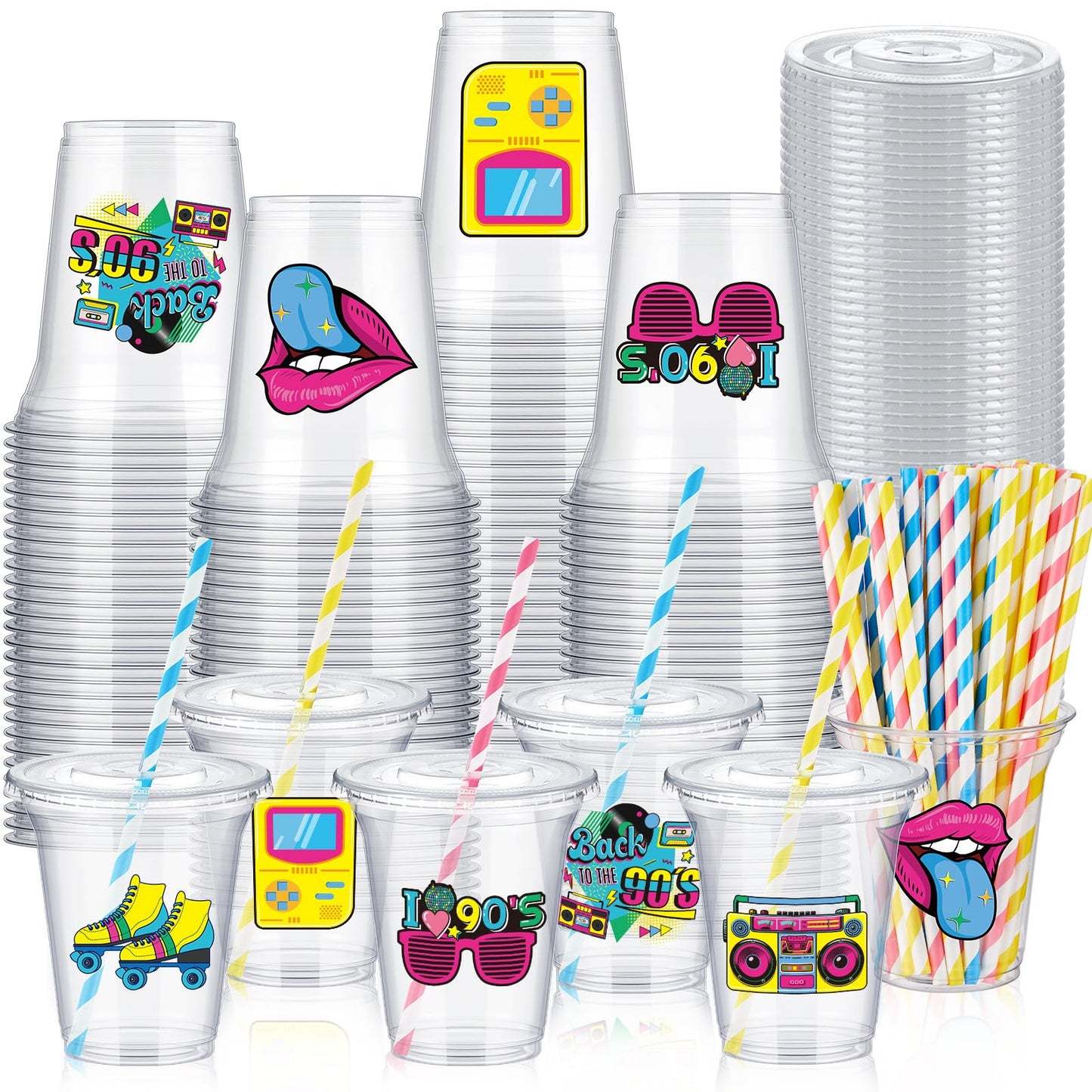 Qinyoung 60 Set 90s Plastic Cups with Lids and Straws 14oz Disco Theme Party Favors Supplies for Birthday Party Events