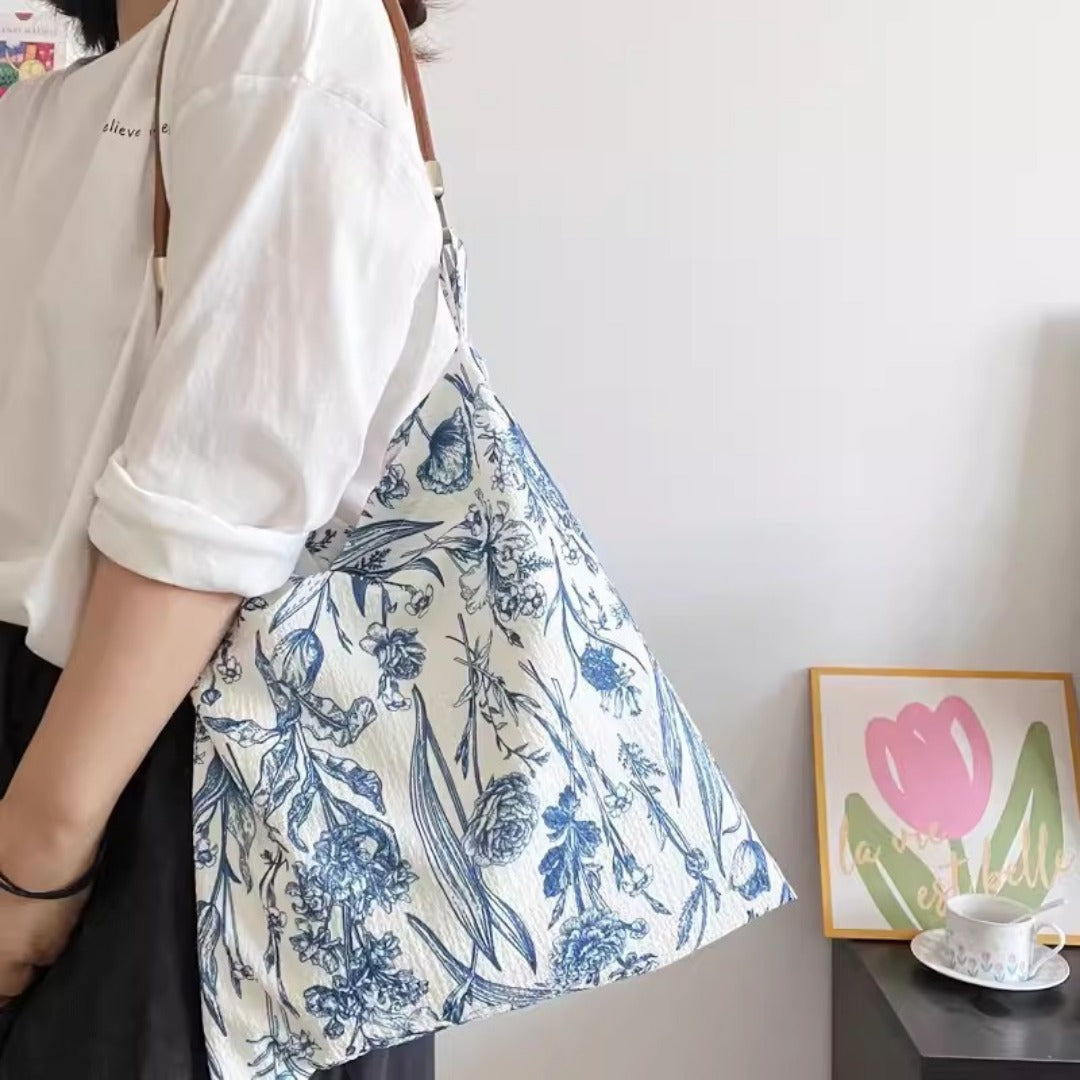 Retro Blue & White Porcelain Floral Hobo Bag