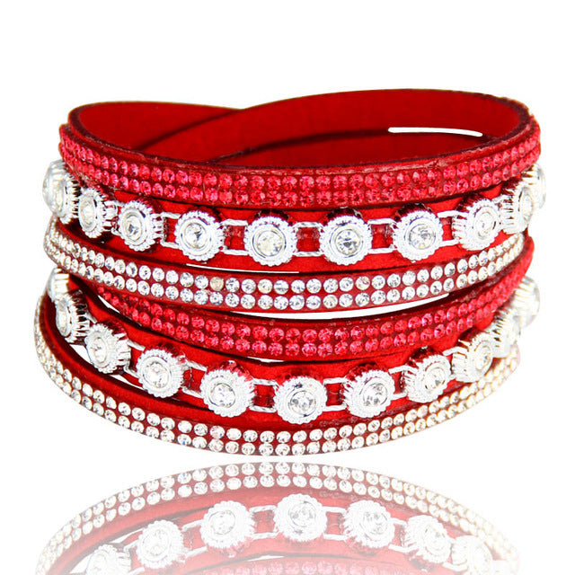 Vintage Rhinestone Layered Leather Bracelet