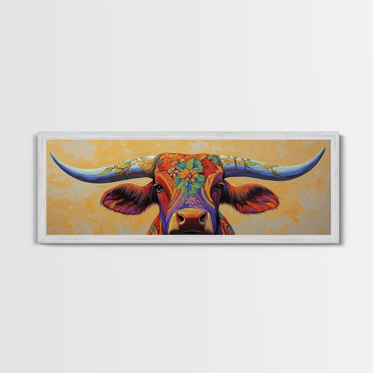 Floral Longhorn Art, Southwestern Wall Art, Texas Cow Art, Rustic Farmhouse Decor, Boho Art, Framed Canvas Print, Moody Art