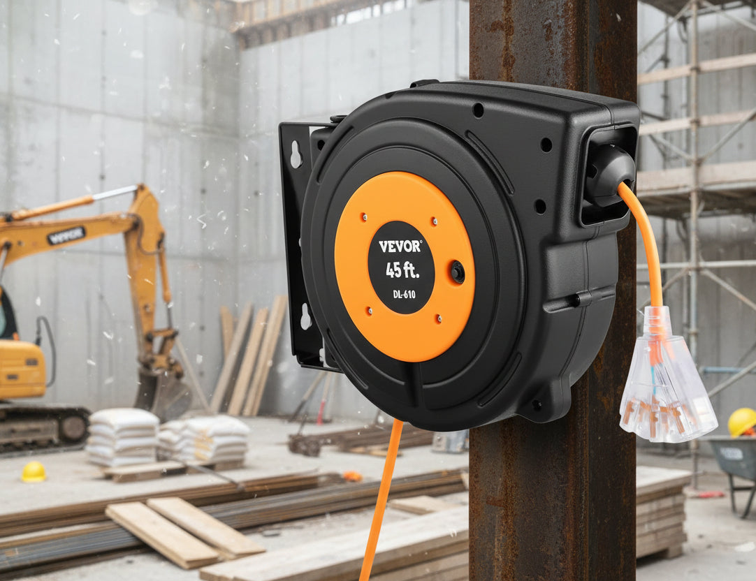VEVOR Retractable Extension Cord Reel, 45 FT, Heavy Duty 12AWG/3C SJTOW Power Cord, with Lighted Triple Tap Outlet, 15 Amp Circuit Breaker, 180° Swivel Bracket for Ceiling or Wall Mount