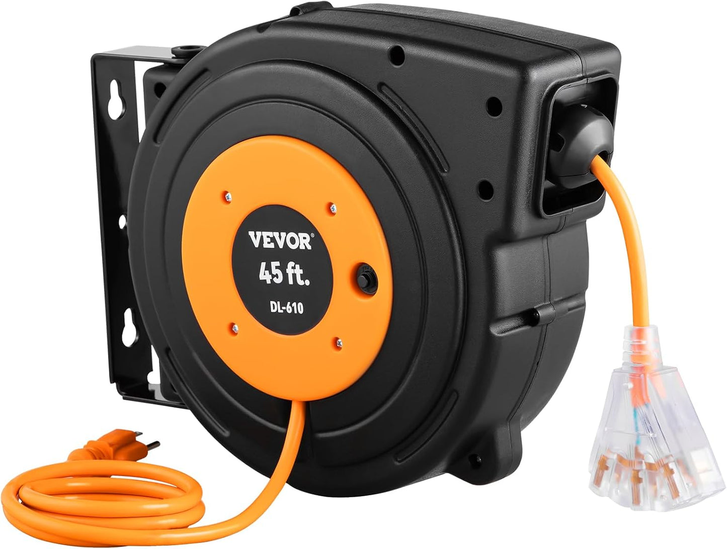 VEVOR Retractable Extension Cord Reel, 45 FT, Heavy Duty 12AWG/3C SJTOW Power Cord, with Lighted Triple Tap Outlet, 15 Amp Circuit Breaker, 180° Swivel Bracket for Ceiling or Wall Mount