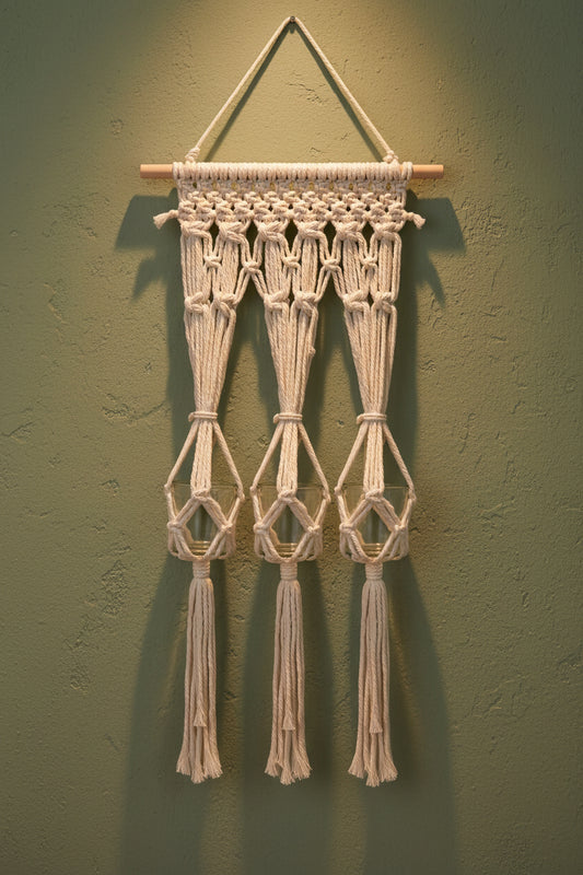 Macrame Wall Hanging Shelf with 3 Glass Vases