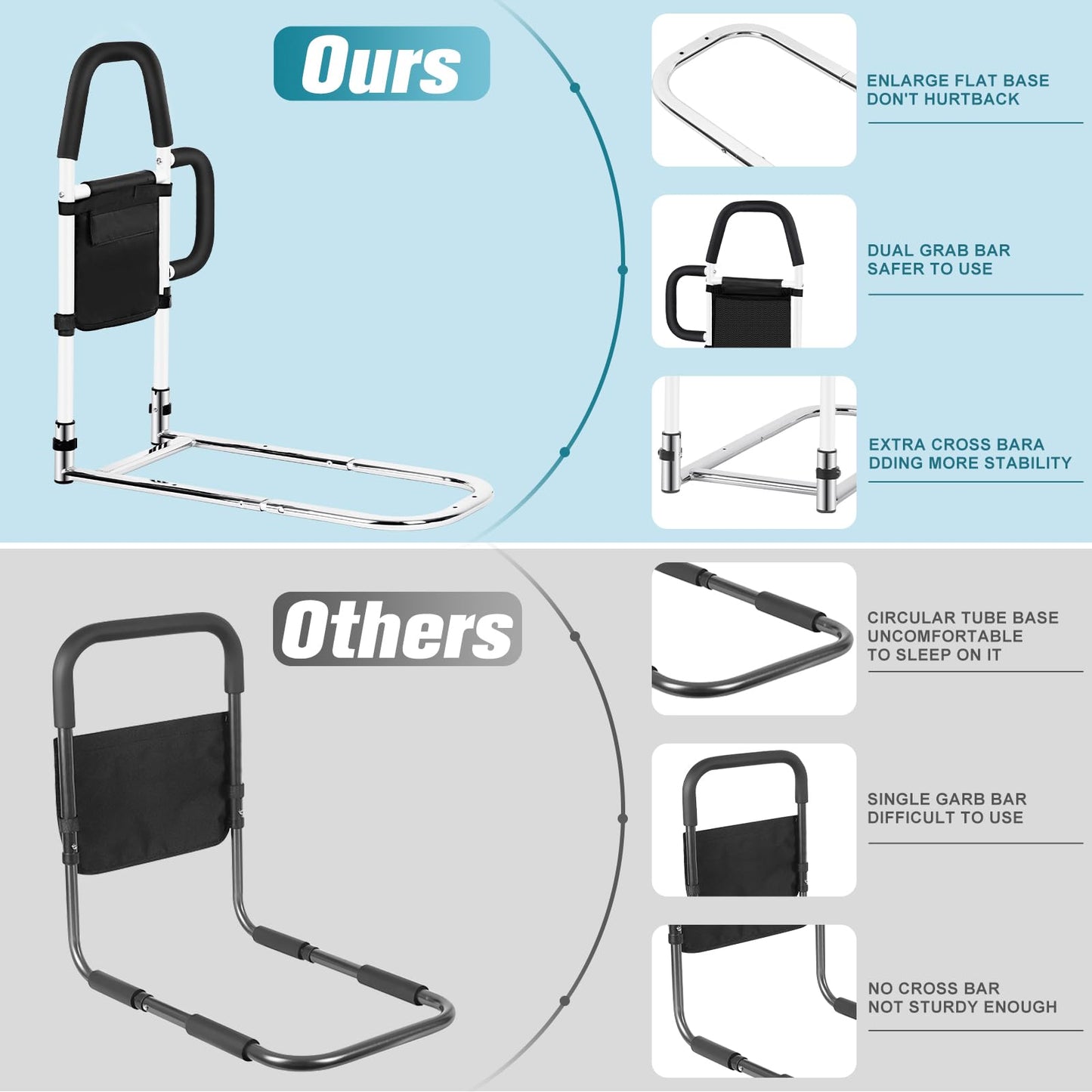 Adjustable Bed Safety Guard Rail with 2 Grab Bars