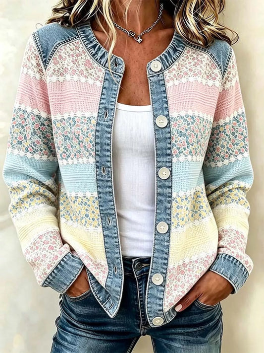 Floral Patchwork Denim Trim Jacket