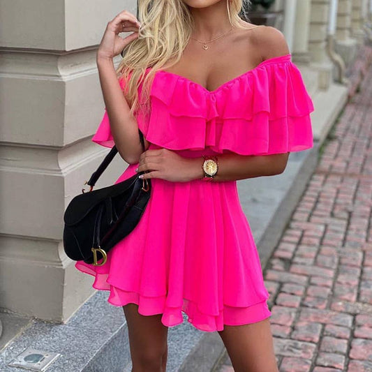 Hot Pink Chiffon Off the Shoulder Ruffle Mini Dress