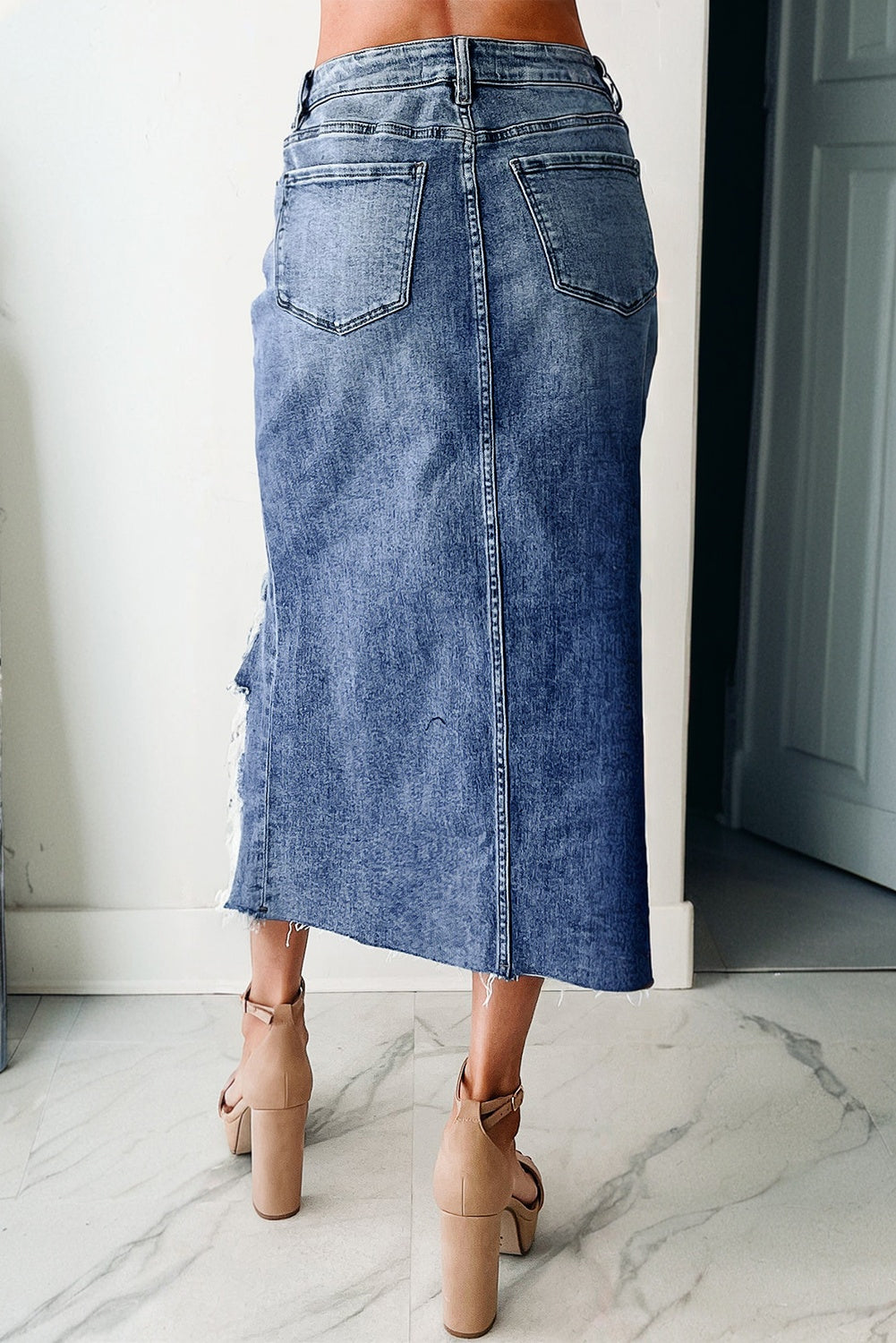 Denim Asymmetrical Distressed Midi Skirt