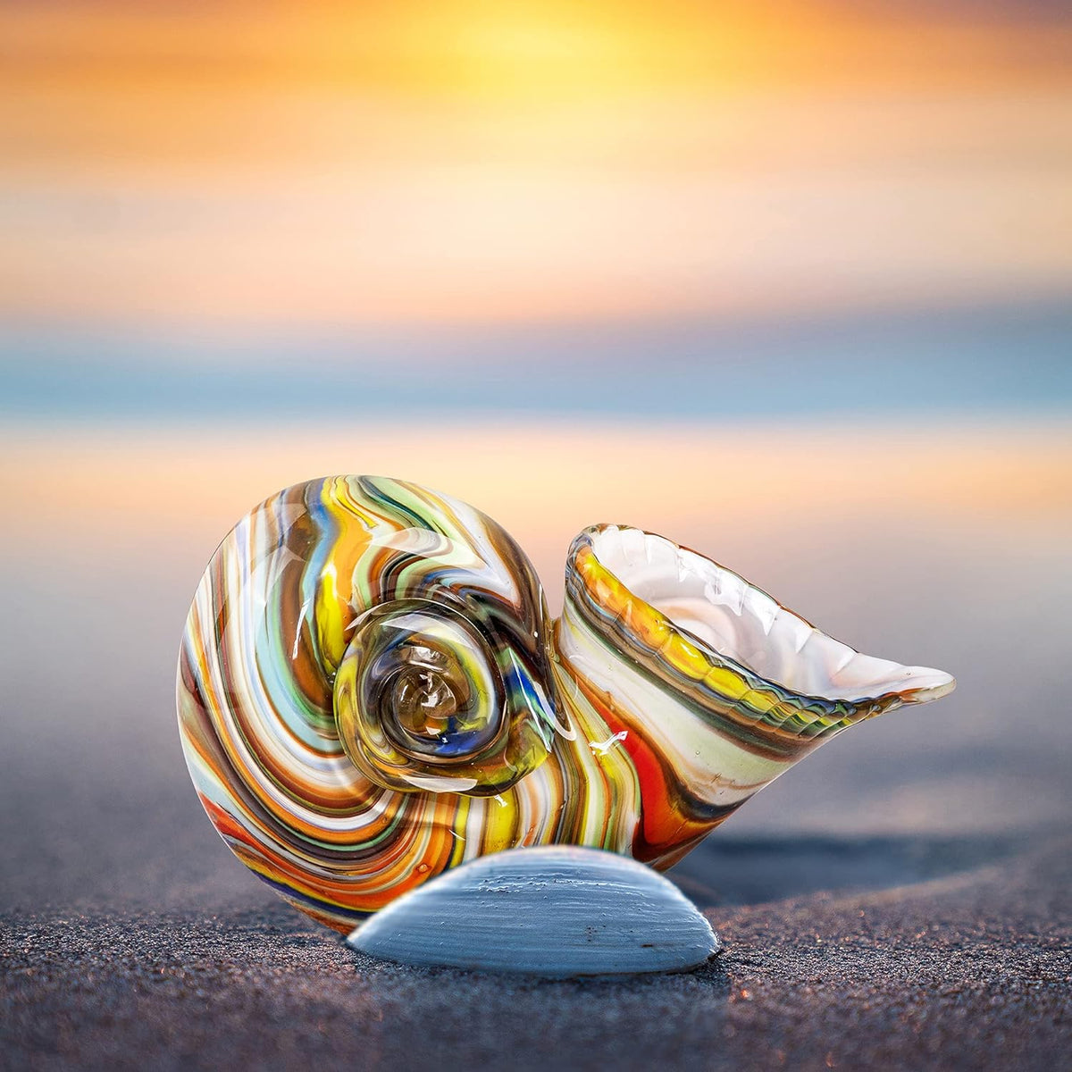 7.7" Glass Nautilus Conch Figurines, Hand Blown Seashell Art