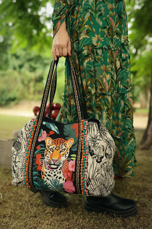 Tropical Leopard Embellished Tote