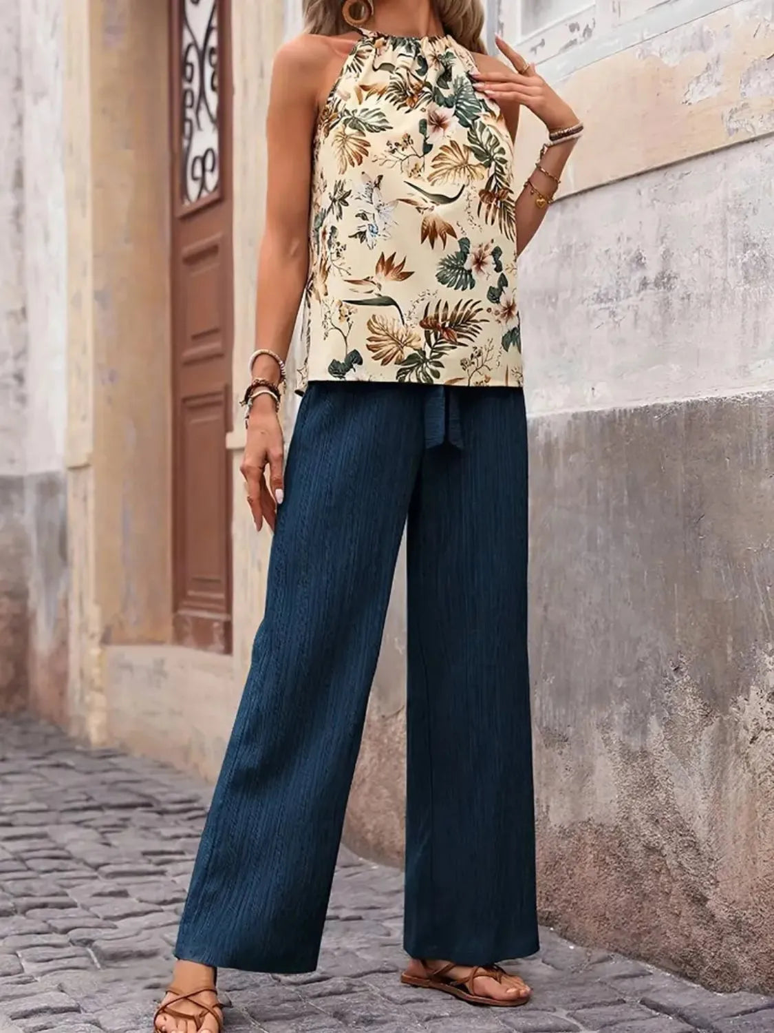 Printed Tank Top and Wide Leg Pants Set