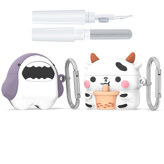 Silicone Case Protective Cover for Airpods 4 (Boba Tea Cow and Big Mouth Shark) [2 Pack]