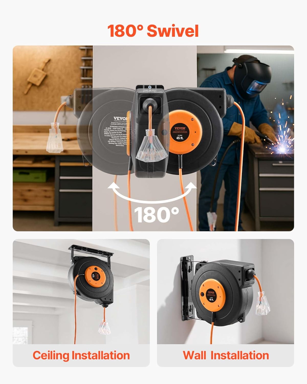 VEVOR Retractable Extension Cord Reel, 45 FT, Heavy Duty 12AWG/3C SJTOW Power Cord, with Lighted Triple Tap Outlet, 15 Amp Circuit Breaker, 180° Swivel Bracket for Ceiling or Wall Mount