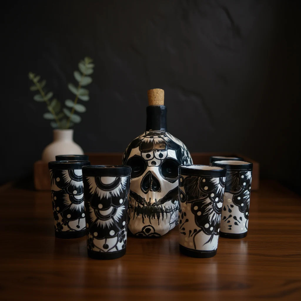 Talavera Skull Decanter with 6 Shot Glasses | Mexican Bar Set