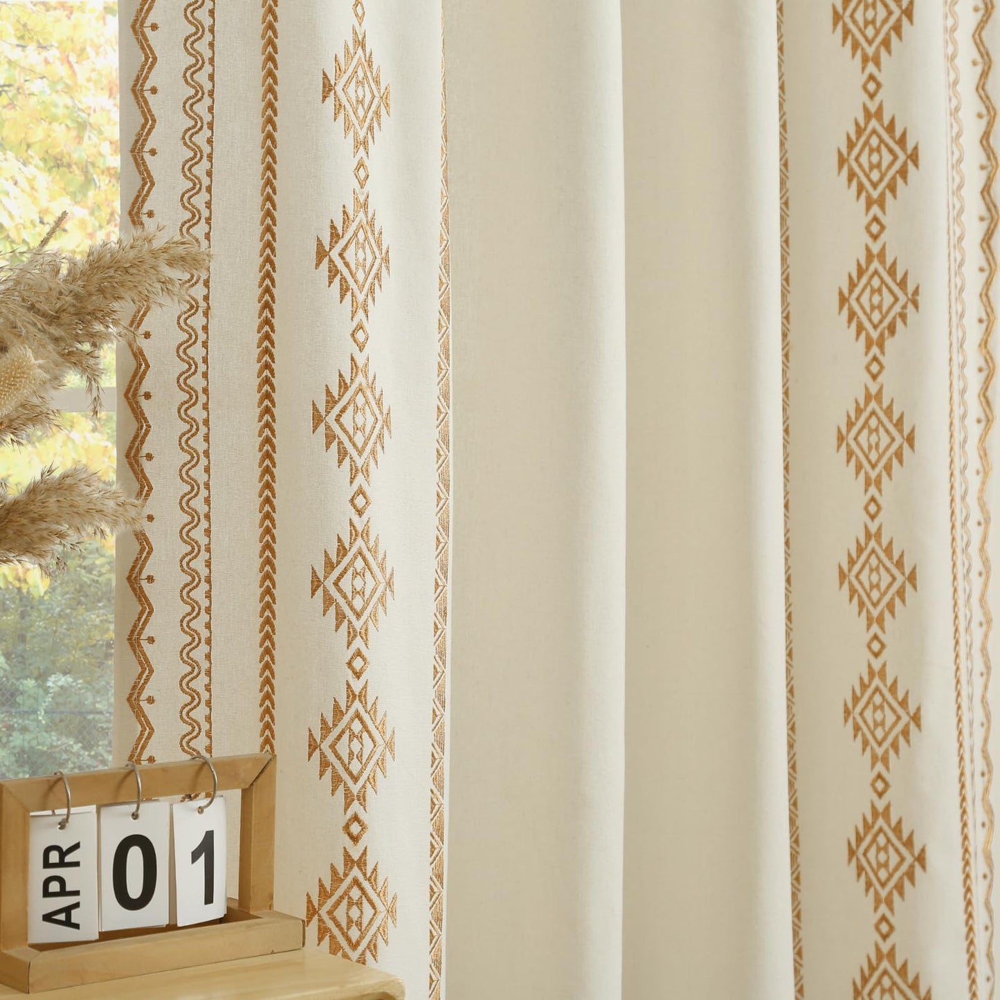 Embroidered Gold Brown Curtains 52x63in 2 Panels Set