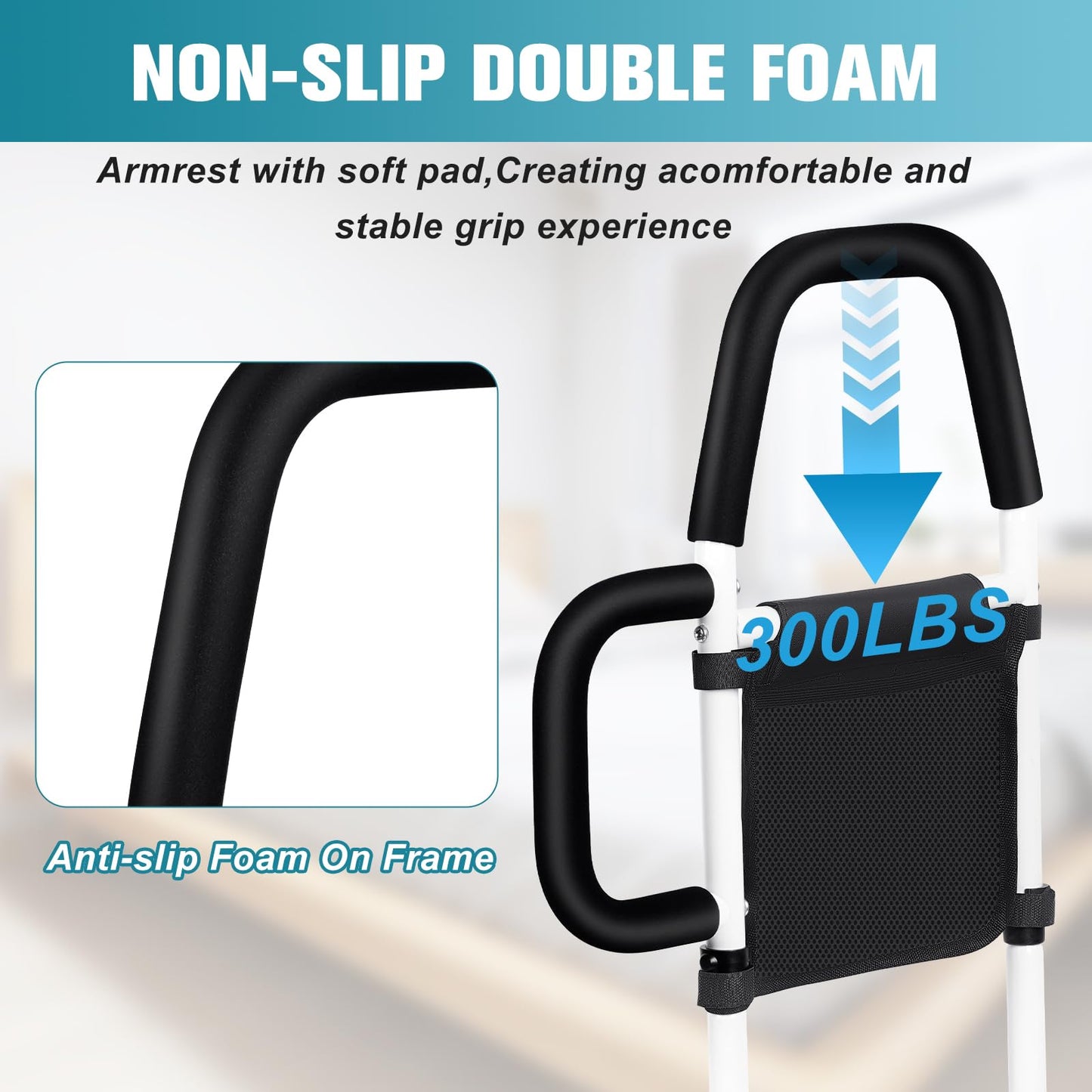 Adjustable Bed Safety Guard Rail with 2 Grab Bars