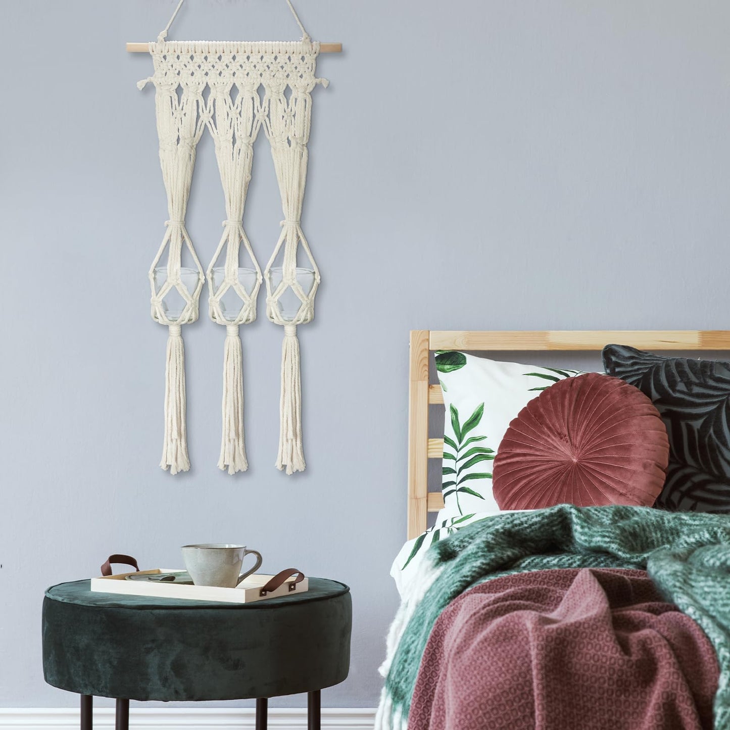 Macrame Wall Hanging Shelf with 3 Glass Vases