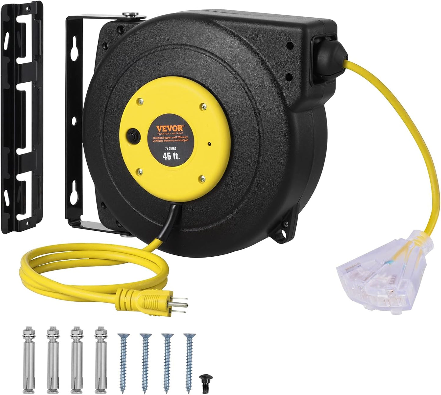 VEVOR Retractable Extension Cord Reel, 45 FT, Heavy Duty 12AWG/3C SJTOW Power Cord, with Lighted Triple Tap Outlet, 15 Amp Circuit Breaker, 180° Swivel Bracket for Ceiling or Wall Mount