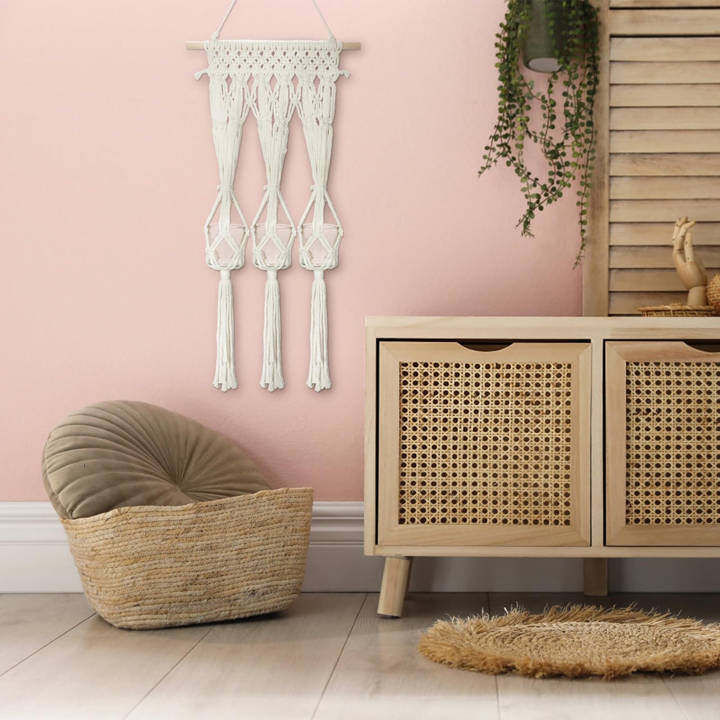 Macrame Wall Hanging Shelf with 3 Glass Vases