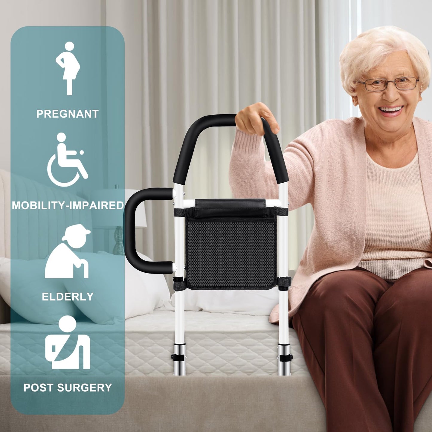 Adjustable Bed Safety Guard Rail with 2 Grab Bars