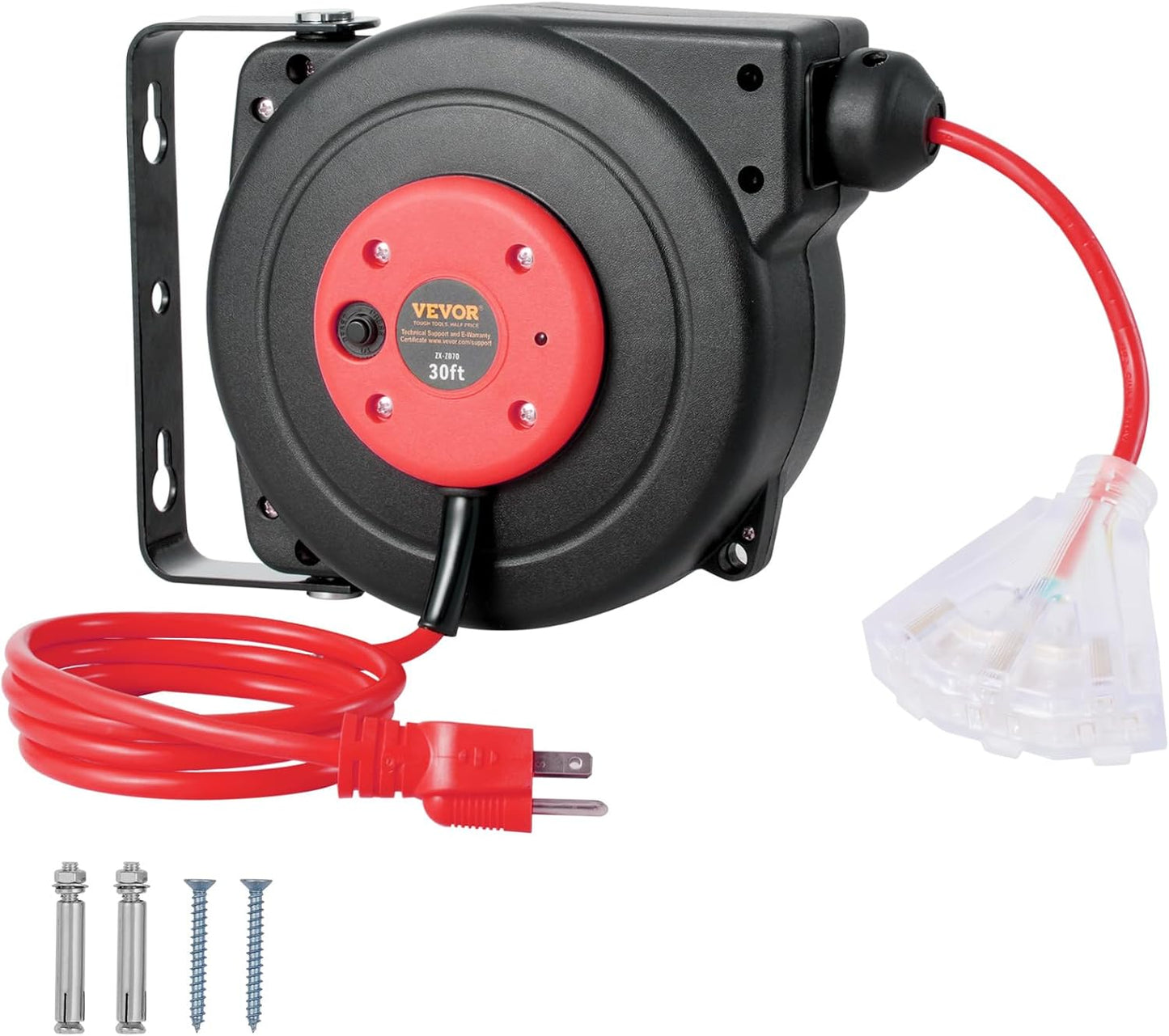VEVOR Retractable Extension Cord Reel, 45 FT, Heavy Duty 12AWG/3C SJTOW Power Cord, with Lighted Triple Tap Outlet, 15 Amp Circuit Breaker, 180° Swivel Bracket for Ceiling or Wall Mount