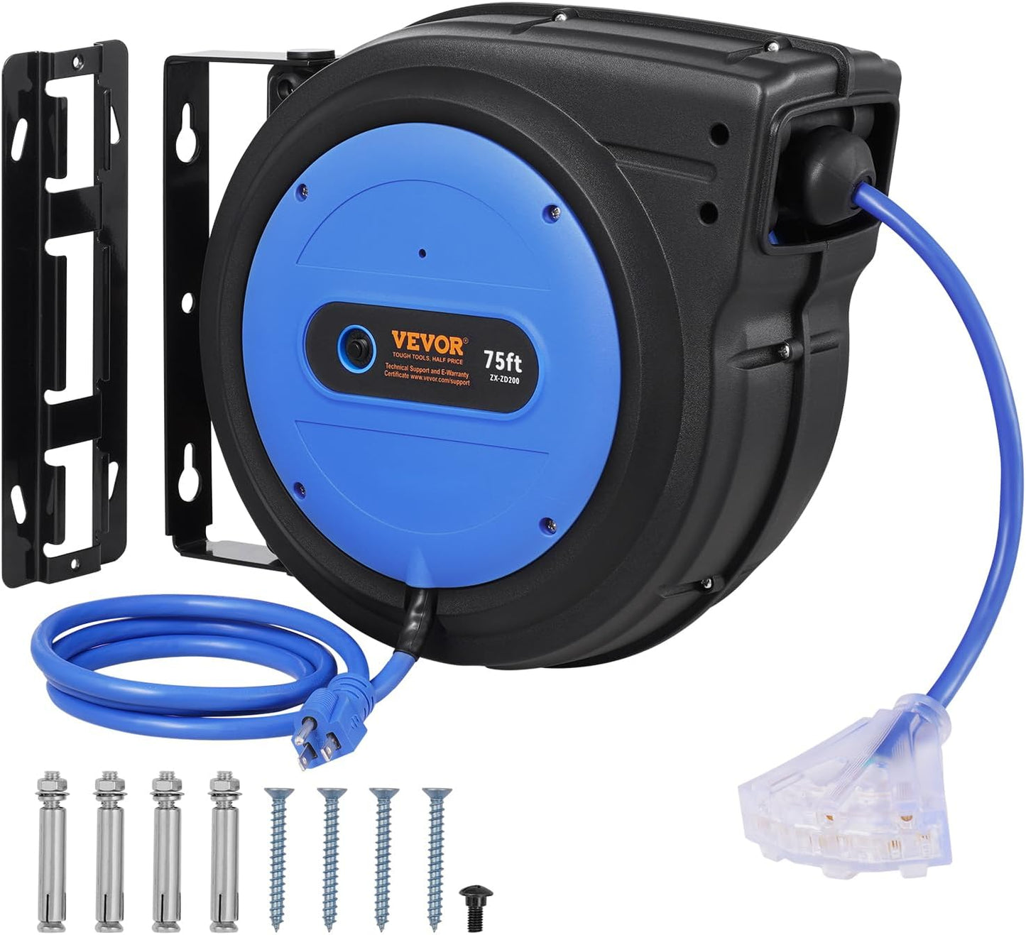 VEVOR Retractable Extension Cord Reel, 45 FT, Heavy Duty 12AWG/3C SJTOW Power Cord, with Lighted Triple Tap Outlet, 15 Amp Circuit Breaker, 180° Swivel Bracket for Ceiling or Wall Mount