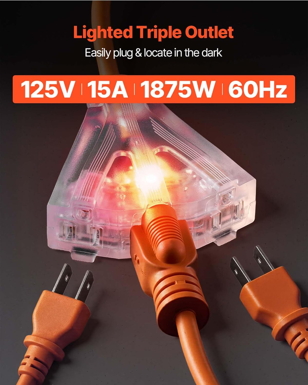 VEVOR Retractable Extension Cord Reel, 45 FT, Heavy Duty 12AWG/3C SJTOW Power Cord, with Lighted Triple Tap Outlet, 15 Amp Circuit Breaker, 180° Swivel Bracket for Ceiling or Wall Mount