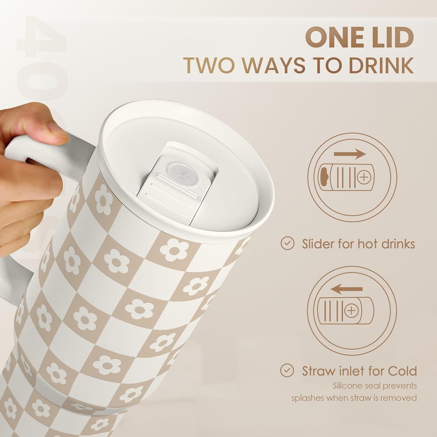 Checker Tumbler with Handle and Straw 40oz – Stainless Sleel Slider Tumbler Travel Coffee Mug for Women - Gift Idea for Birthday Christmas