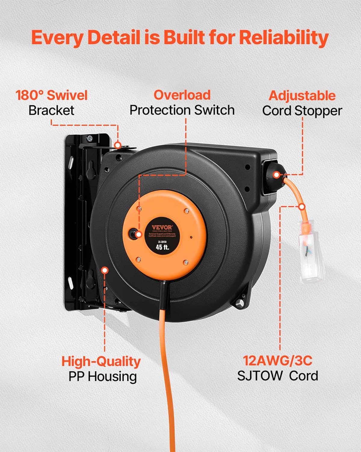 VEVOR Retractable Extension Cord Reel, 45 FT, Heavy Duty 12AWG/3C SJTOW Power Cord, with Lighted Triple Tap Outlet, 15 Amp Circuit Breaker, 180° Swivel Bracket for Ceiling or Wall Mount