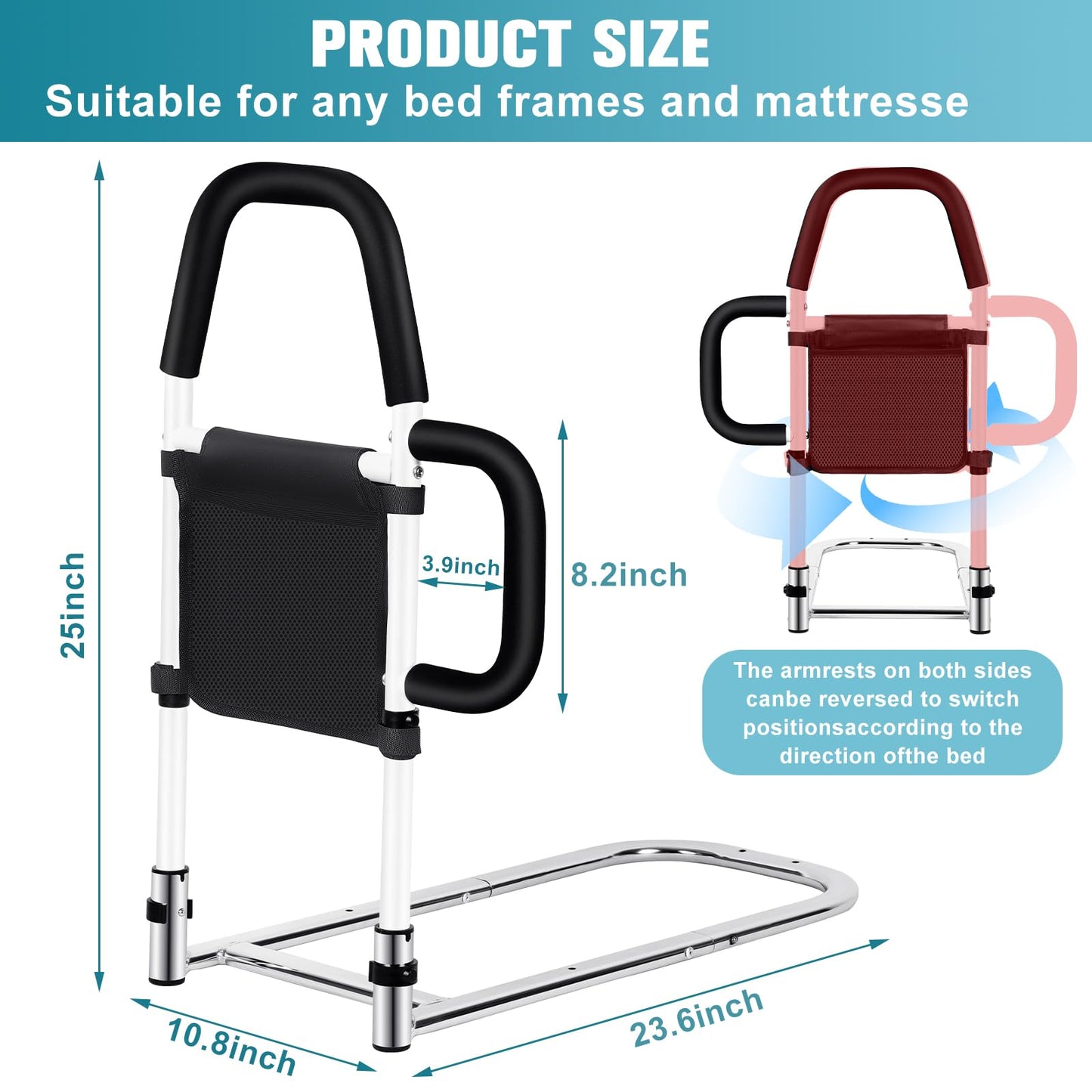 Adjustable Bed Safety Guard Rail with 2 Grab Bars