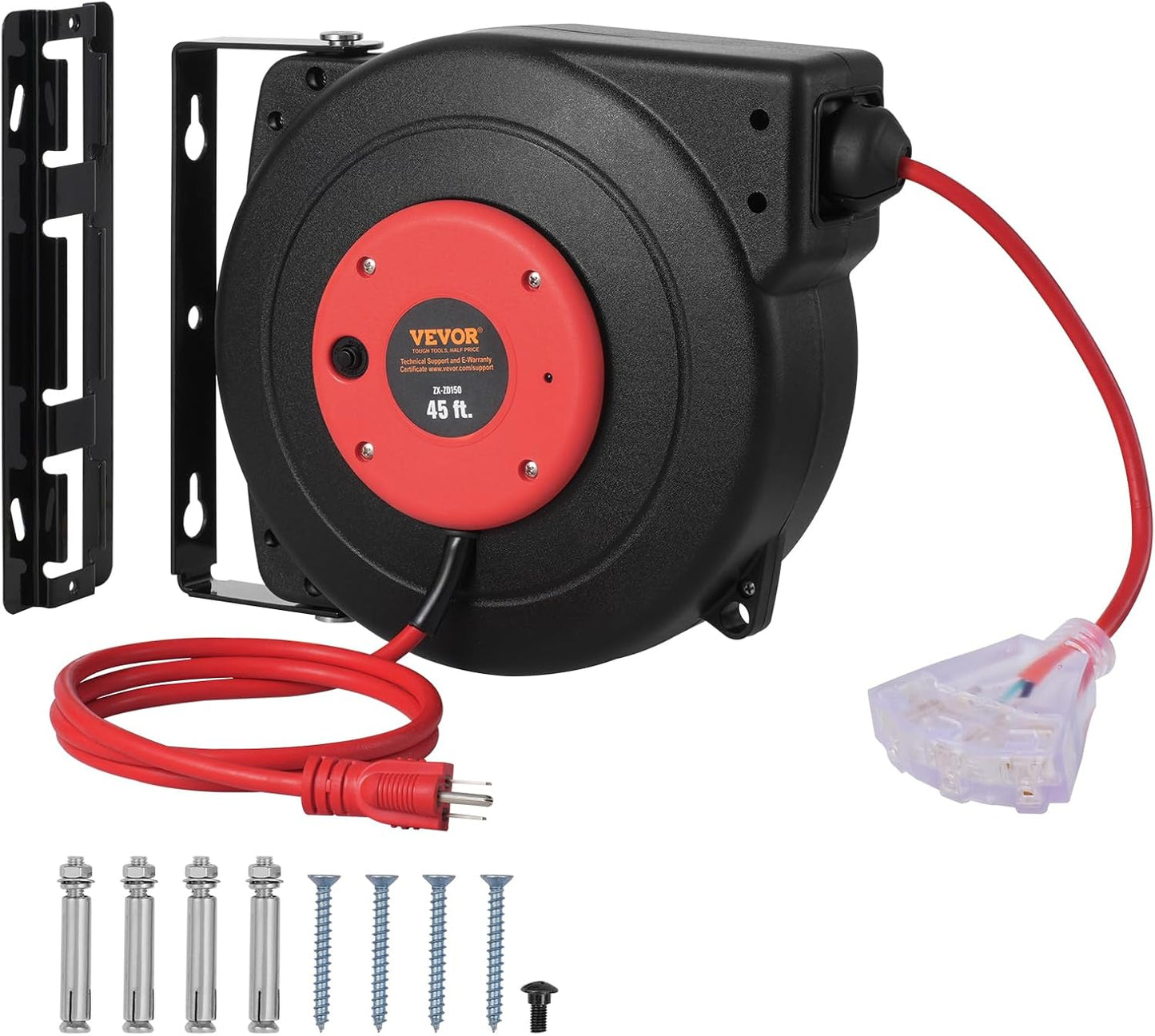 VEVOR Retractable Extension Cord Reel, 45 FT, Heavy Duty 12AWG/3C SJTOW Power Cord, with Lighted Triple Tap Outlet, 15 Amp Circuit Breaker, 180° Swivel Bracket for Ceiling or Wall Mount