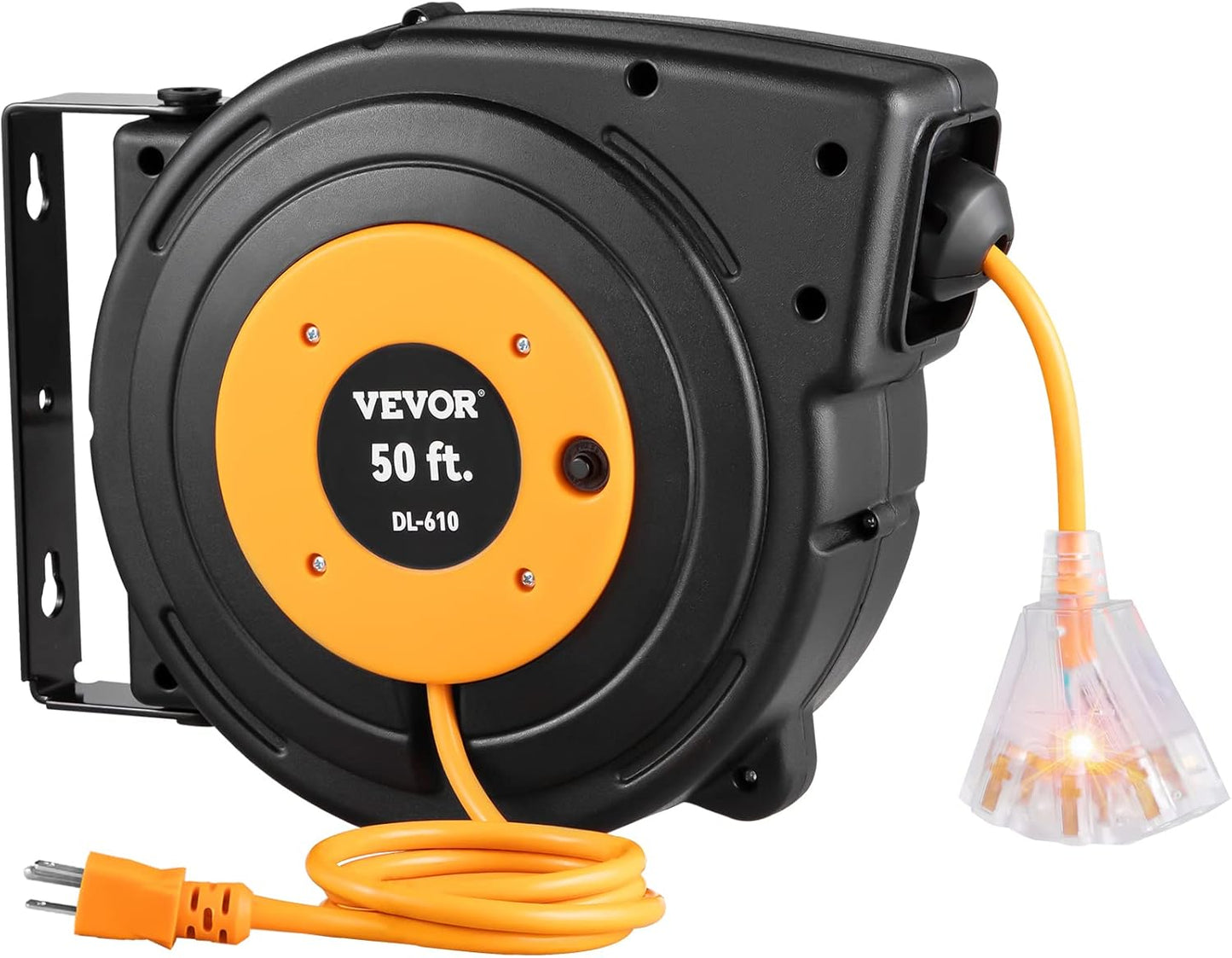 VEVOR Retractable Extension Cord Reel, 45 FT, Heavy Duty 12AWG/3C SJTOW Power Cord, with Lighted Triple Tap Outlet, 15 Amp Circuit Breaker, 180° Swivel Bracket for Ceiling or Wall Mount