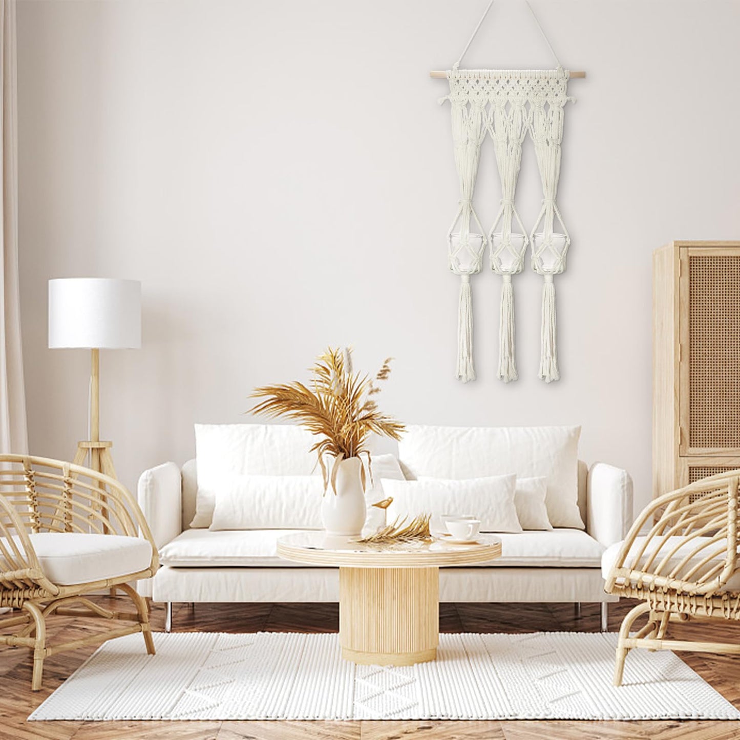 Macrame Wall Hanging Shelf with 3 Glass Vases