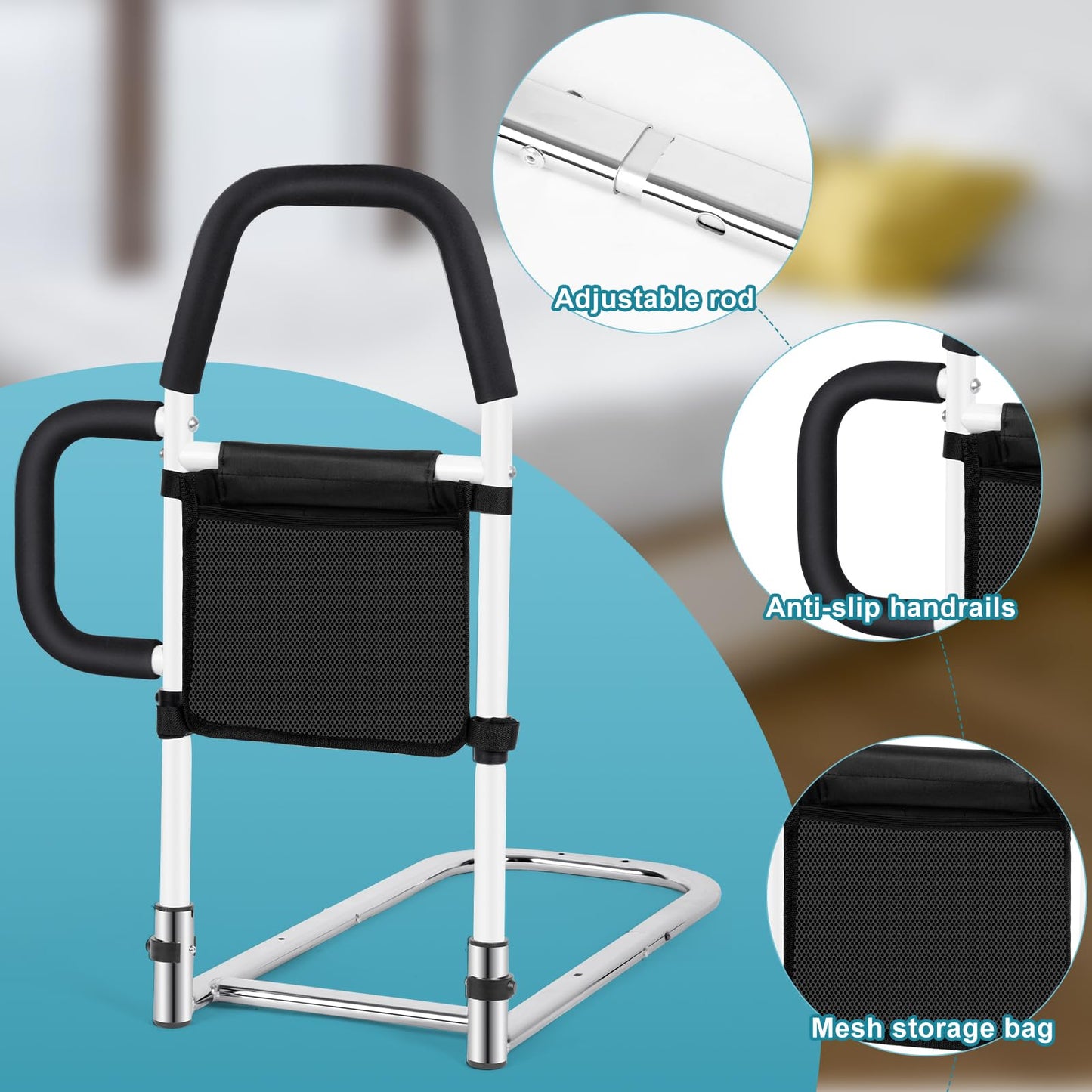 Adjustable Bed Safety Guard Rail with 2 Grab Bars