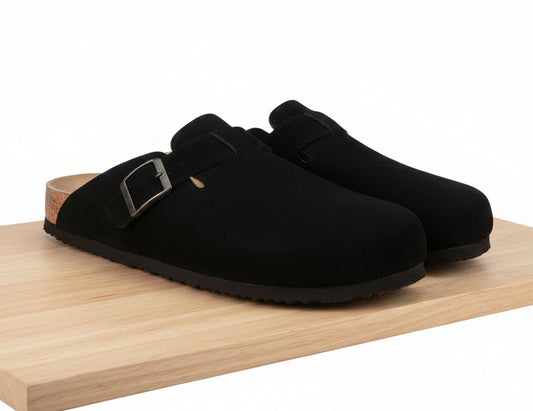 Khombu Men's Damian Cork Slide-On Mule Shoes – Size 9, Black Faux Suede