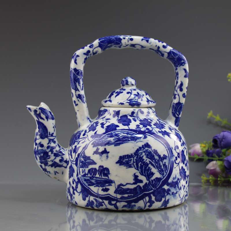 Antique Jingdezhen Ceramic Teapot with Blue Floral Design
