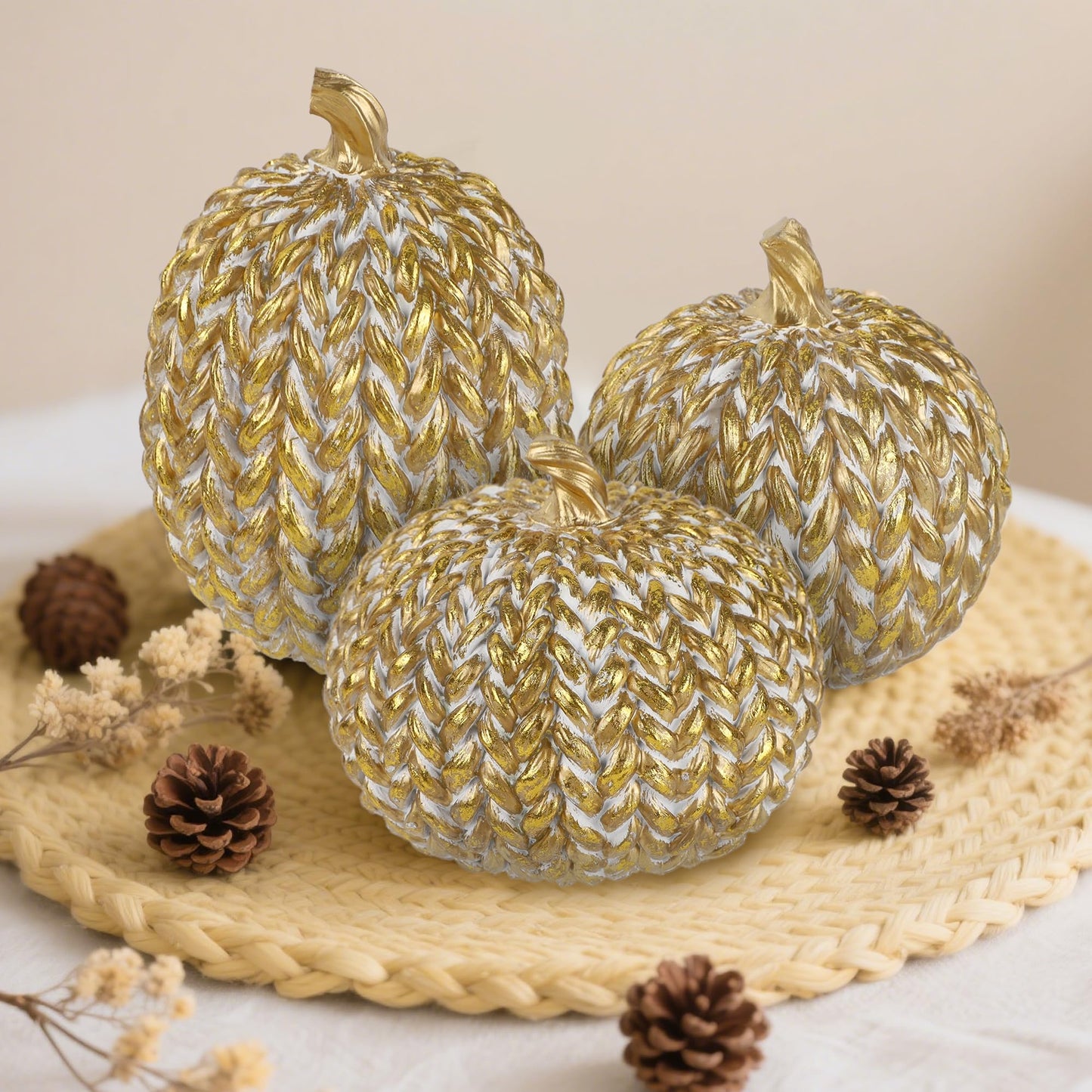 Woven Pumpkins Set of 3 - Gold & White