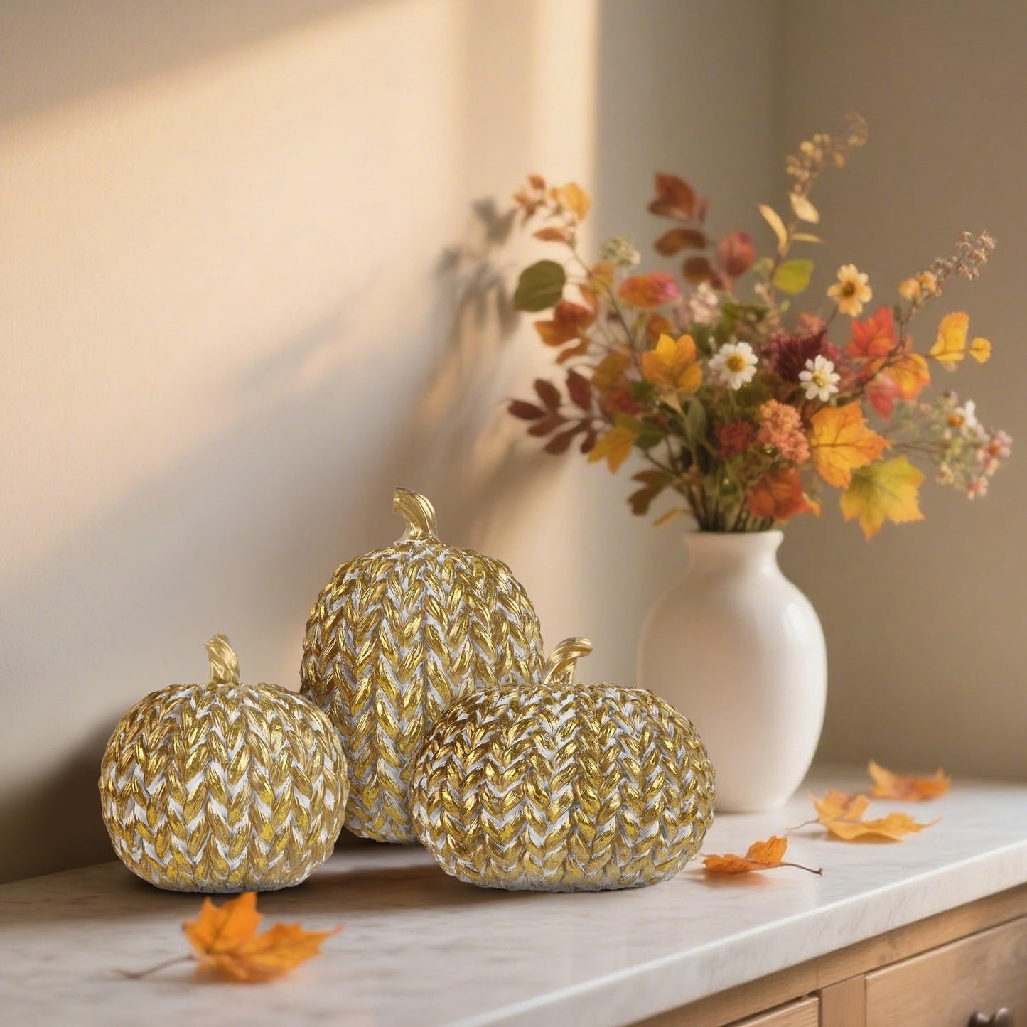 Woven Pumpkins Set of 3 - Gold & White