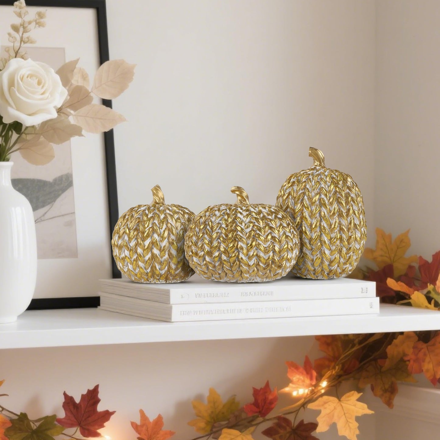 Woven Pumpkins Set of 3 - Gold & White