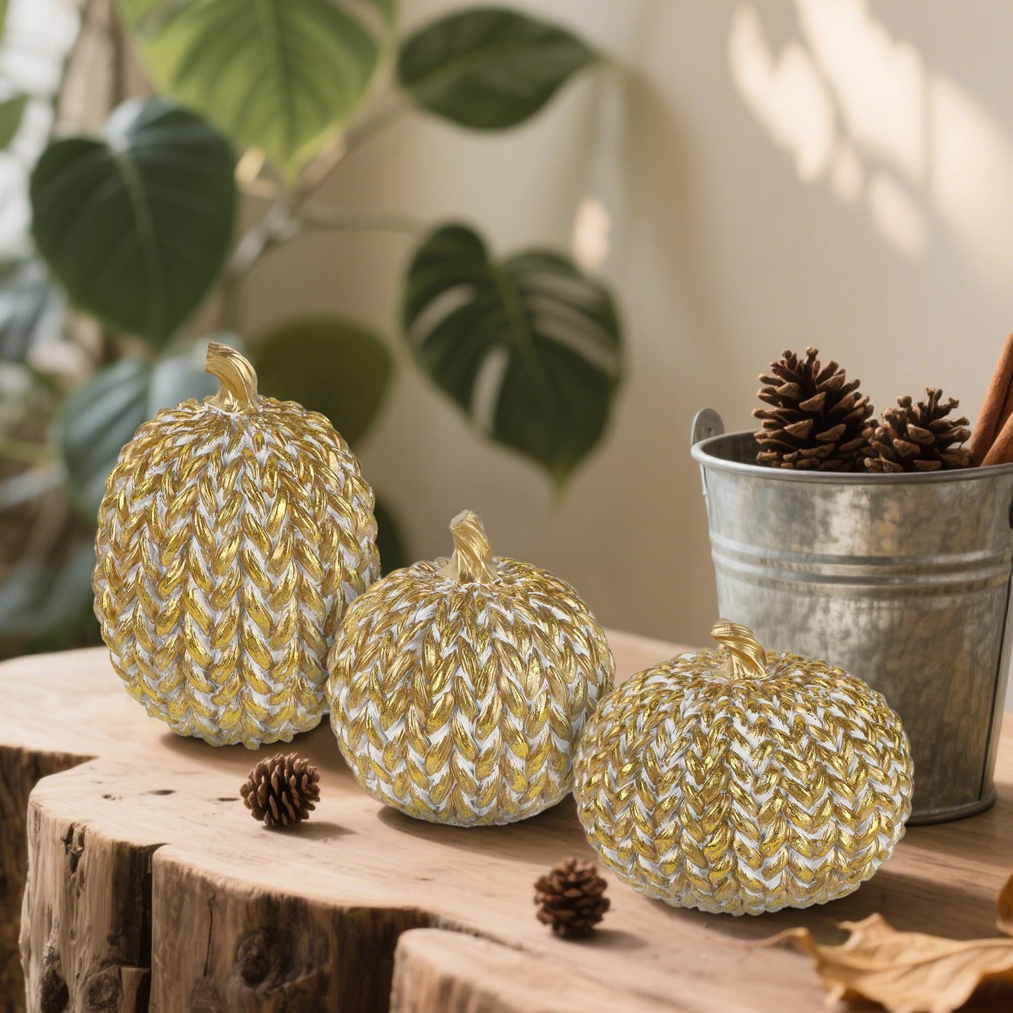 Woven Pumpkins Set of 3 - Gold & White