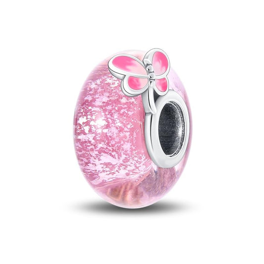 925 Sterling Silver Pink Butterfly Murano Glass Charm