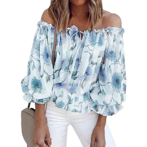 Women's Off-Shoulder Chiffon Print Long Sleeve Top *Multiple Colors