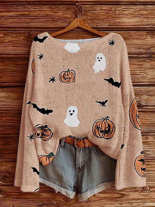 Halloween Graphic Boat Neck Sweater